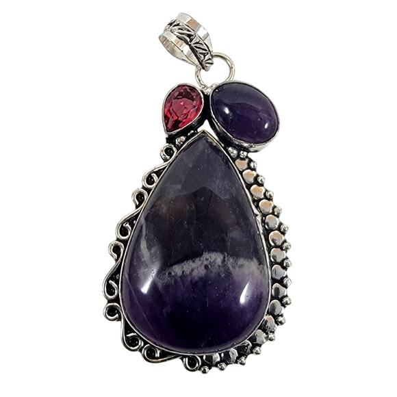 Handmade Silver Pendant with Chevron Amethyst & Deep Red Garnet Accent Stone - Picture 1 of 10